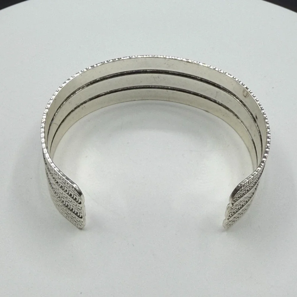 Silver Tone Wide Etched Cuff Bracelet Tribal Boho Textured Statement Jewelry